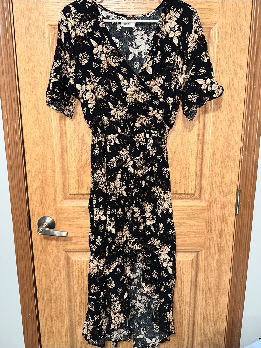Floral Wrap High-Low Dress in Black and Cream